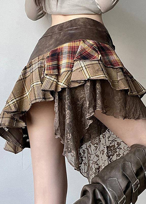 Vintage Brown Asymmetrical Lace Faux Leather Patchwork Skirts Summer