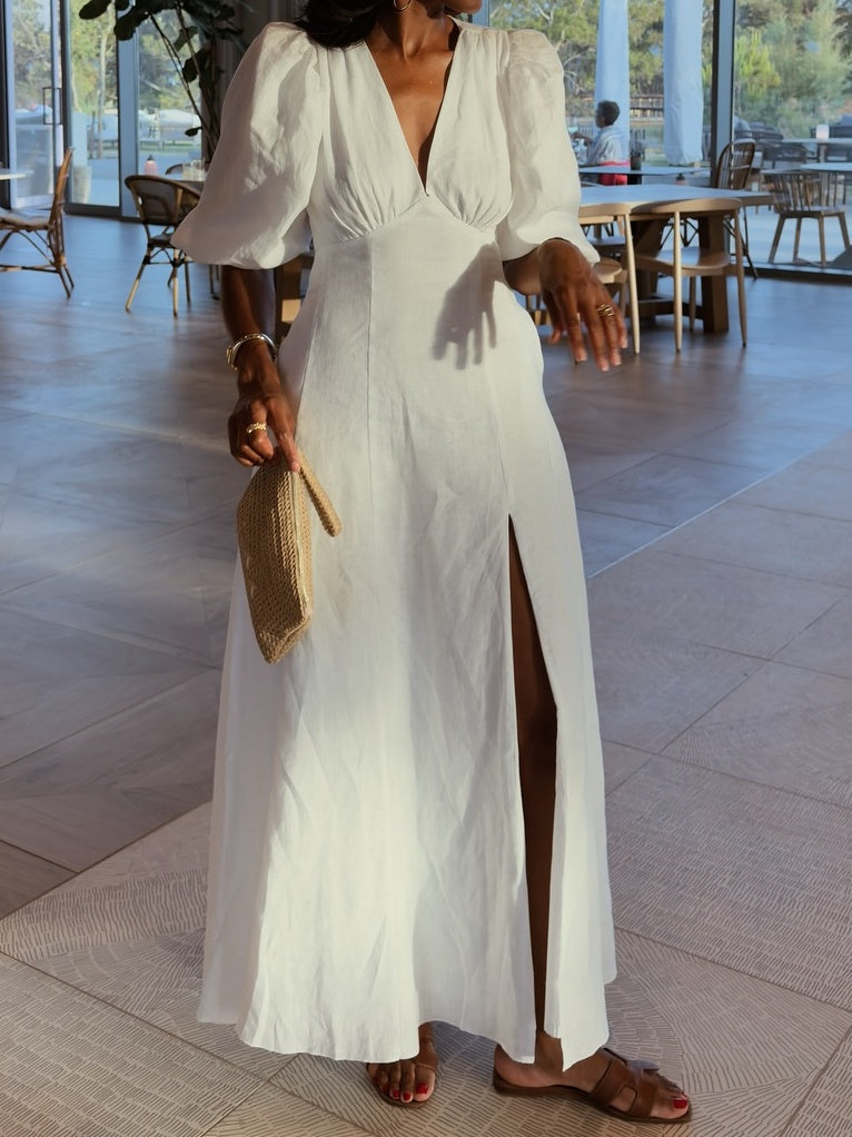 Puff Sleeve Pleated Waist Maxi Dress