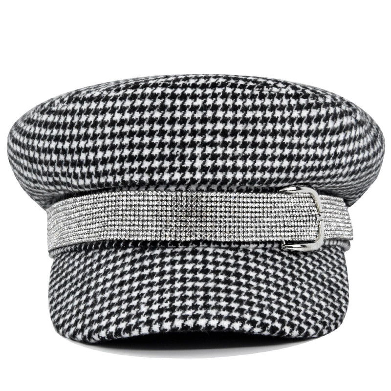 Women's Basic Retro Houndstooth Rhinestone Chain Curved Eaves Military Hat