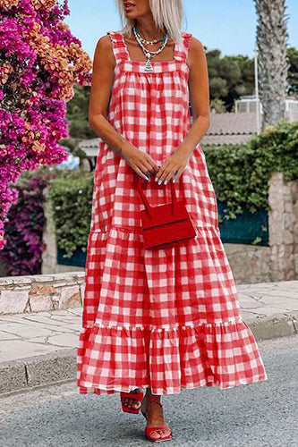 Casual Spaghetti Straps Printed Beach Plaid Maxi Dress