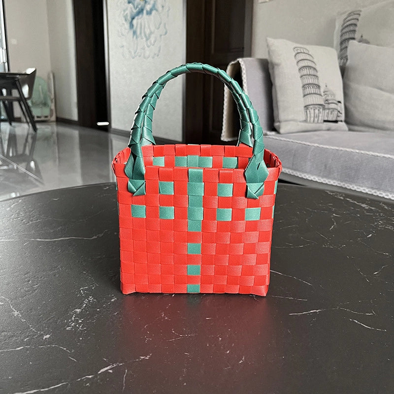 Women's PVC Color Block Plaid Vacation Weave Square Open Square Bag
