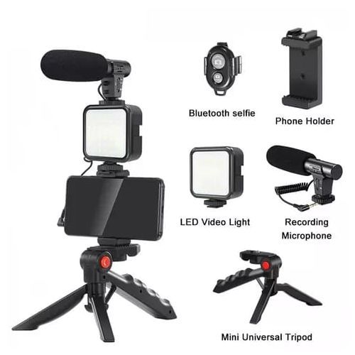 Vlogging Kit for Video Making (Mini Tripod Stand. Mic. LED Light & Phone Holder Clip)