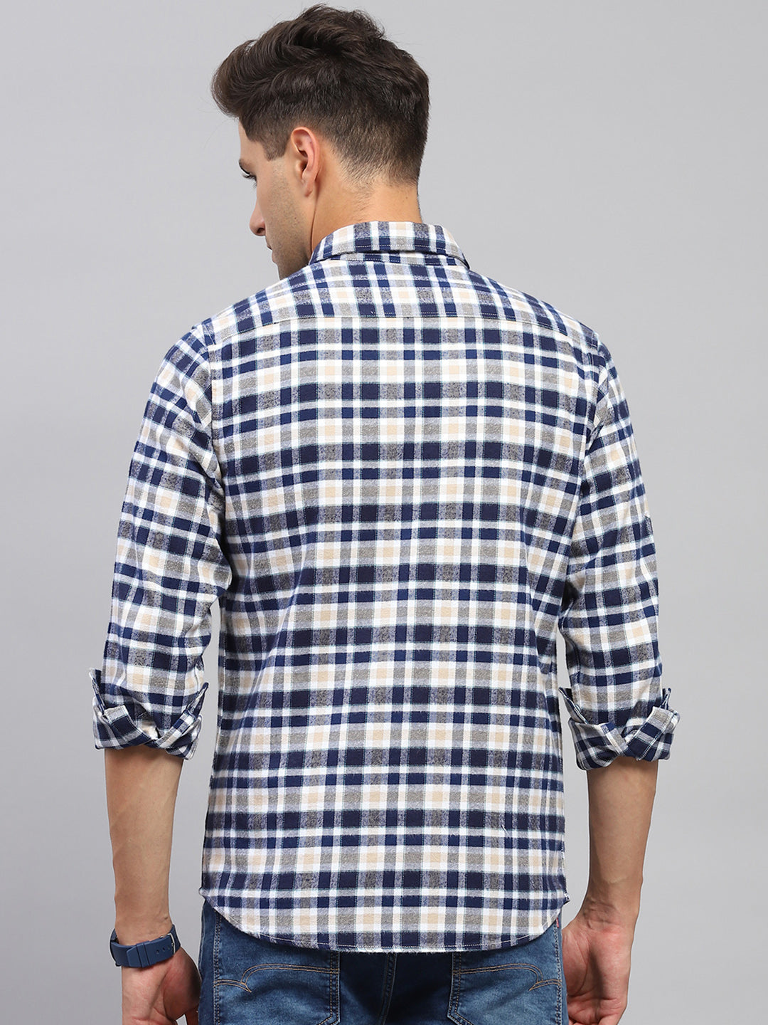 Men Navy Blue Check Collar Full Sleeve Shirt