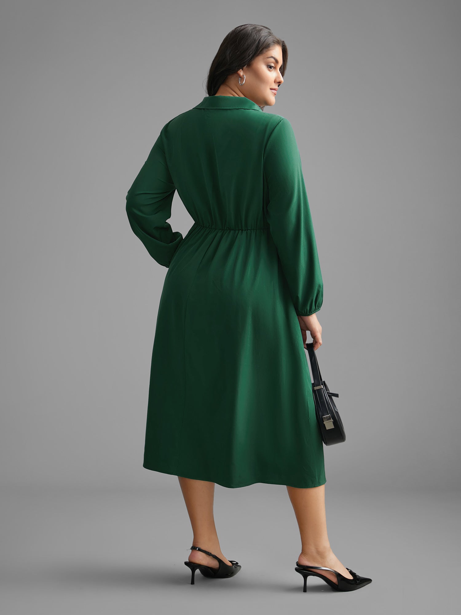Shirt Collar Pleated Button Detail Dress