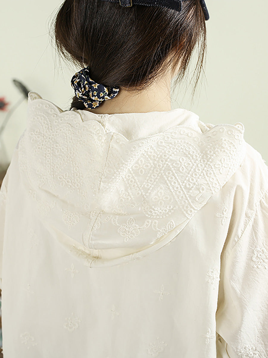 Women Summer Artsy Embroidery Hooded 100%Cotton Shirt