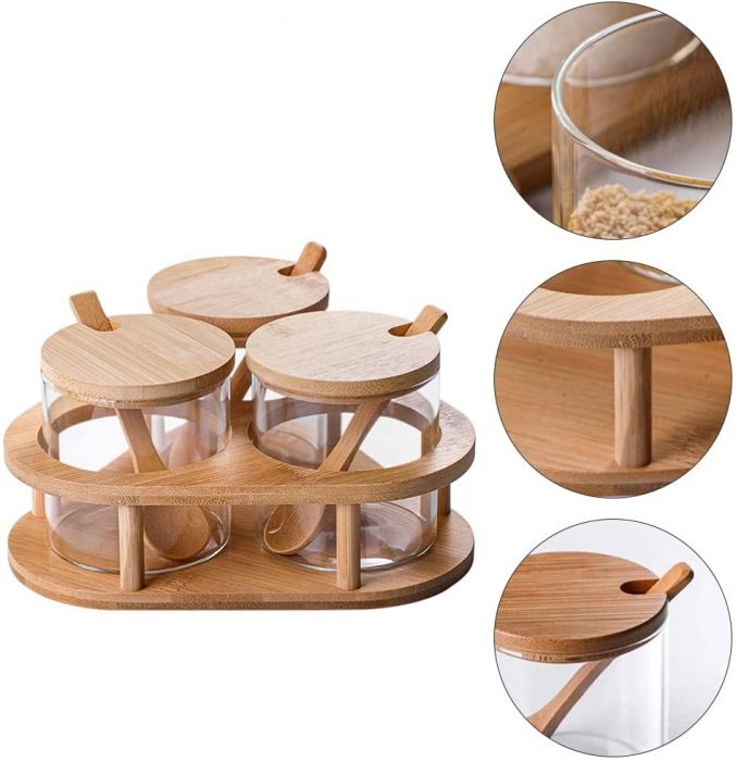 Condiment Spice Jar Set - Glass Seasoning Food Storage Containers with Bamboo Lid & Spoon Rack for Home Kitchen Salt Sugar Spice Pepper