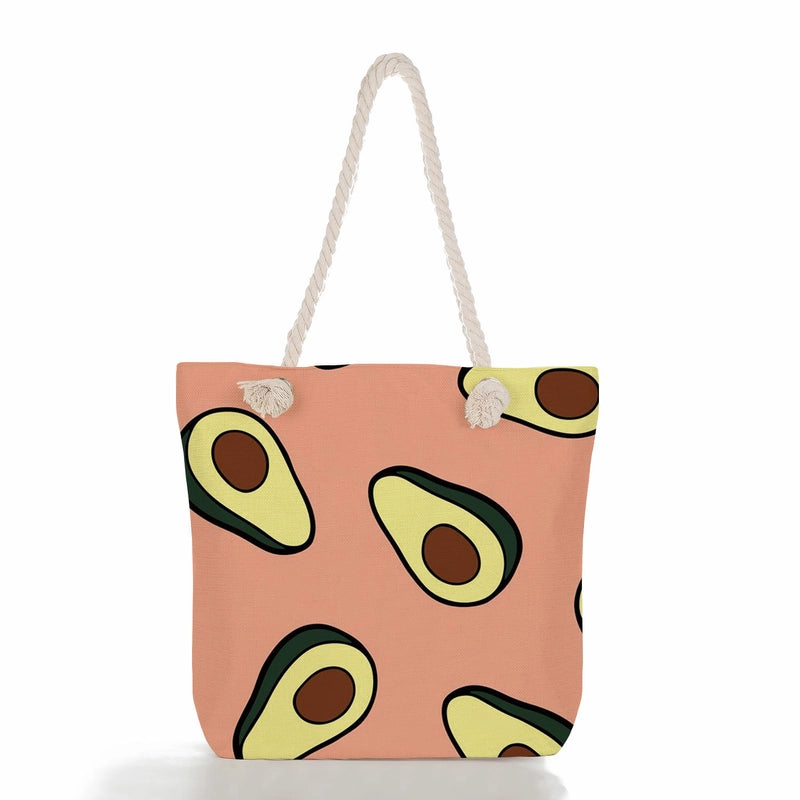 Women's Medium Linen Fruit Cute Classic Style Square Zipper Tote Bag Beach Bag