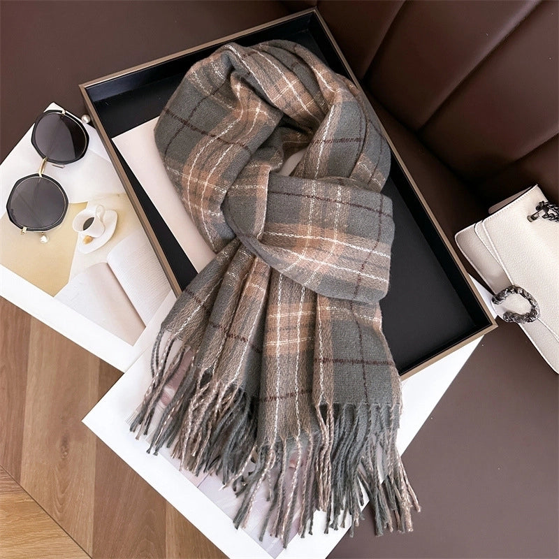 Sweet Fresh Cashmere-like Versatile Lattice Warm Shawl Scarf Unisex Autumn And Winter Fashion Tassel Scarf