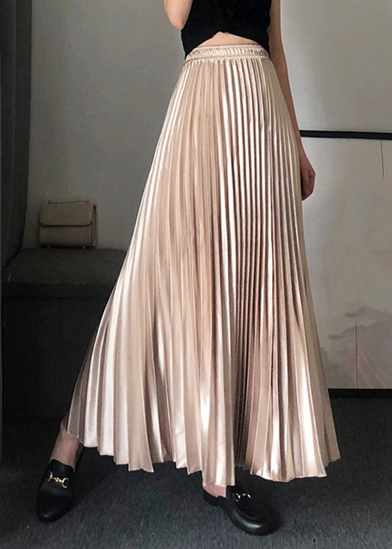 Modern Gold Elastic Waist Wrinkled Satin Maxi Skirt