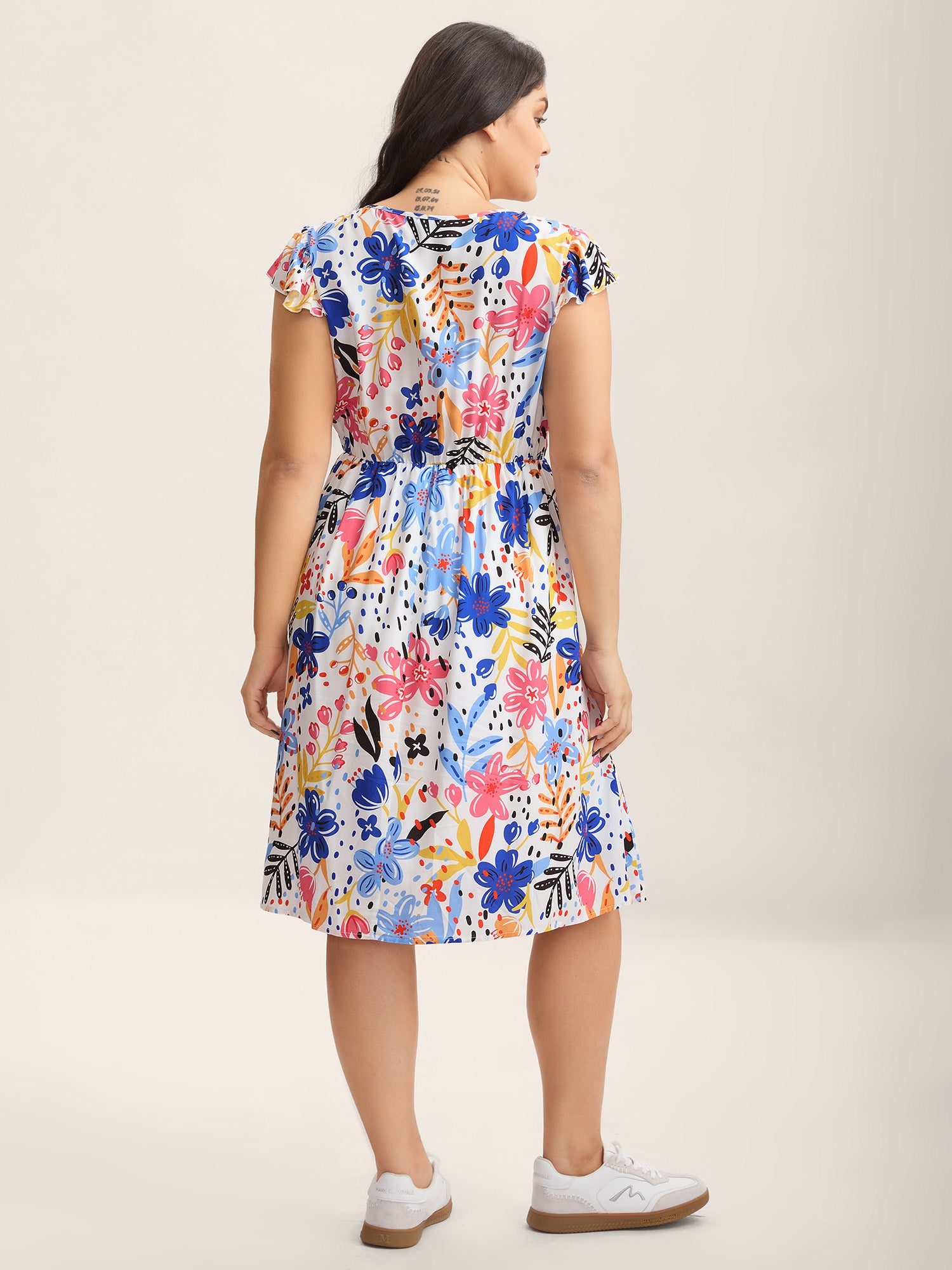 Rayon Fun Floral Print Ruffled Sleeve Midi Dress