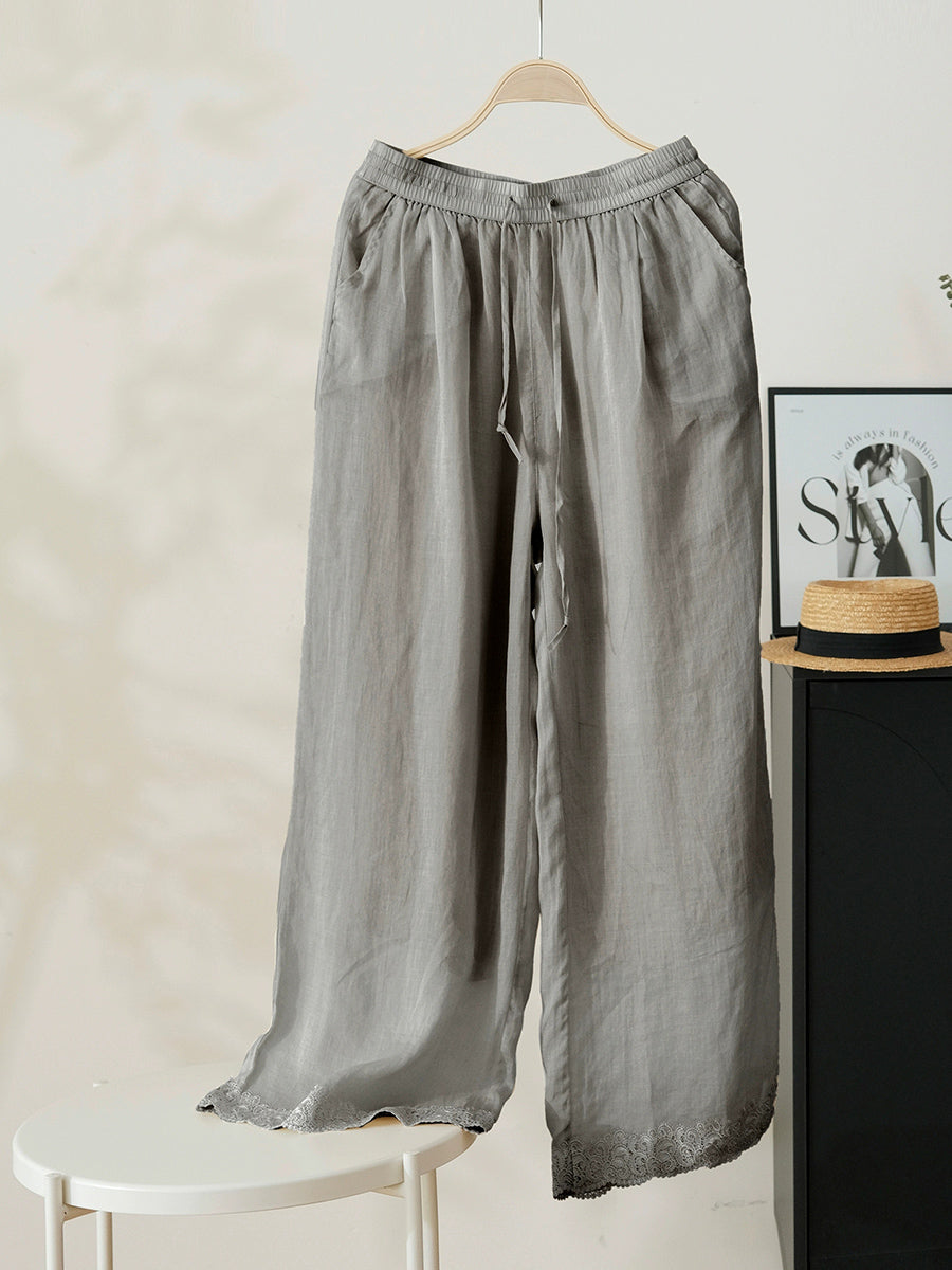 Women Summer Artsy Pure Color 100%Ramie Wide-leg Pants