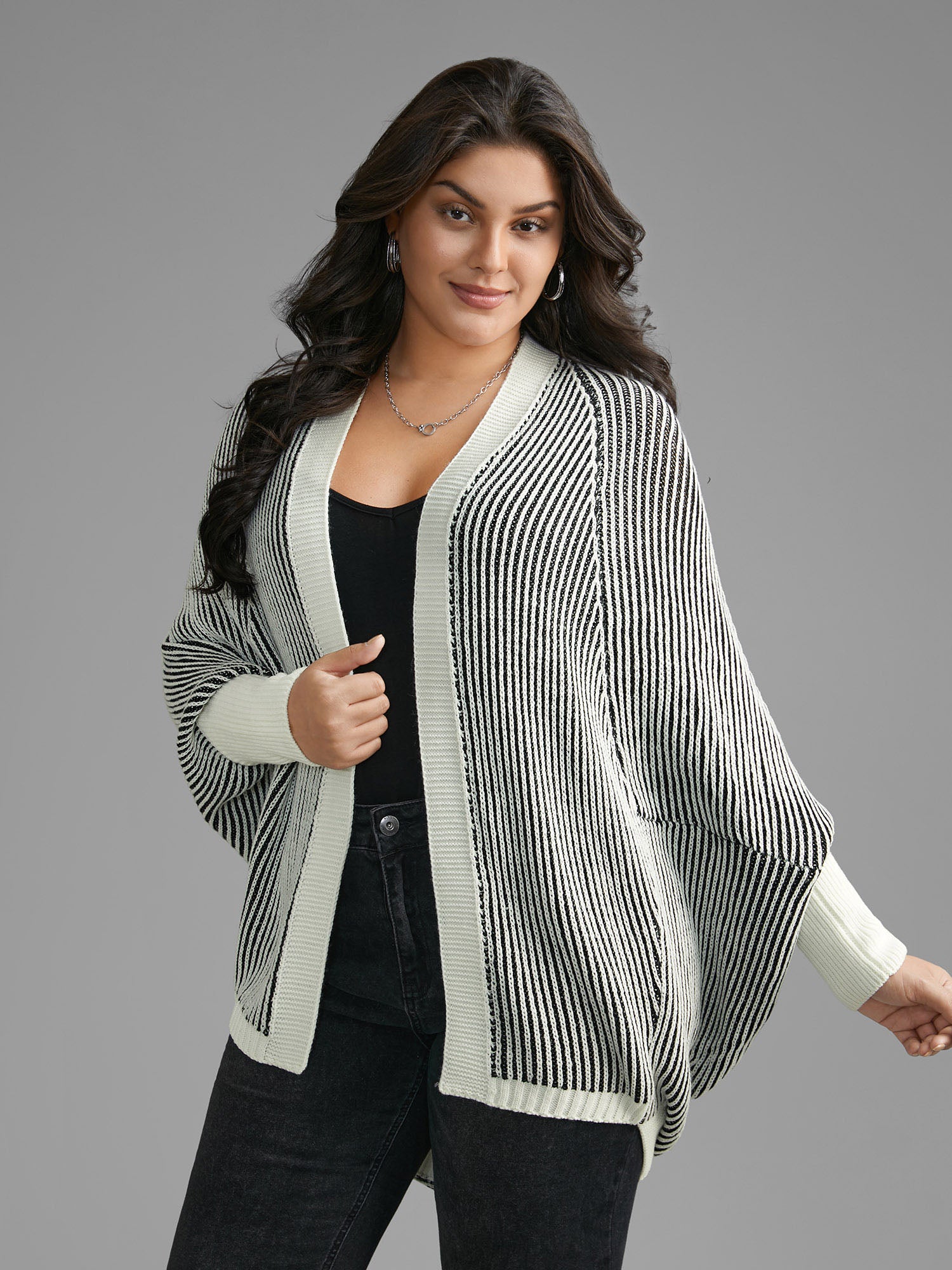 Striped Textured Kimono Collar Dolman Sleeve Cardigan