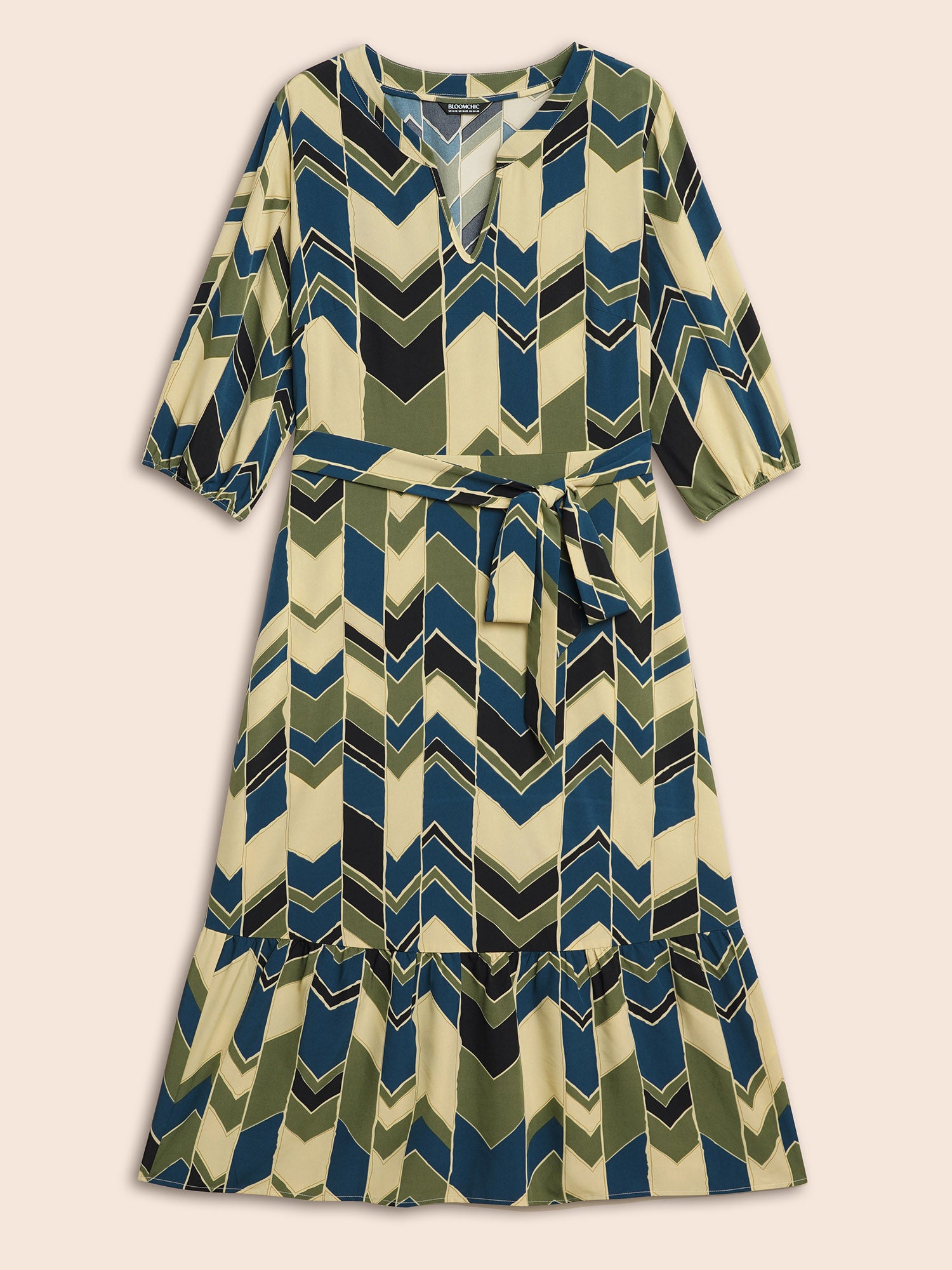 Geometric Contrast Lantern Sleeve Dress