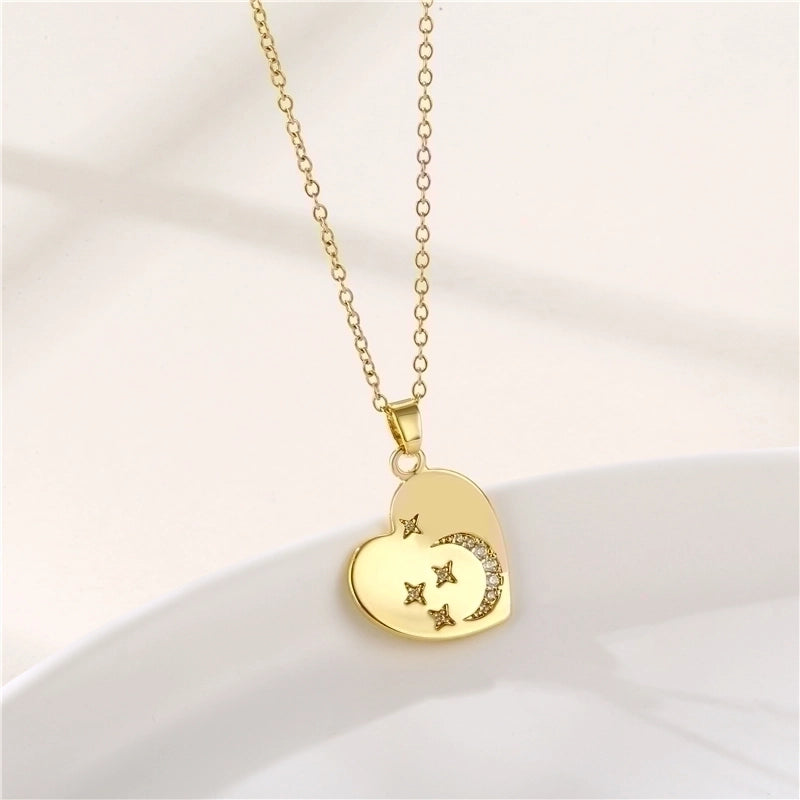 Stainless Steel Titanium Steel 18K Gold Plated INS Style Plating Inlay Sun Heart Shape Whale Zircon Pendant Necklace