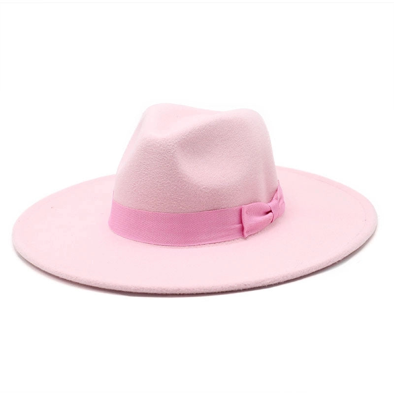 Unisex Basic Vintage Style Solid Color Bowknot Big Eaves Flat Eaves Fedora Hat
