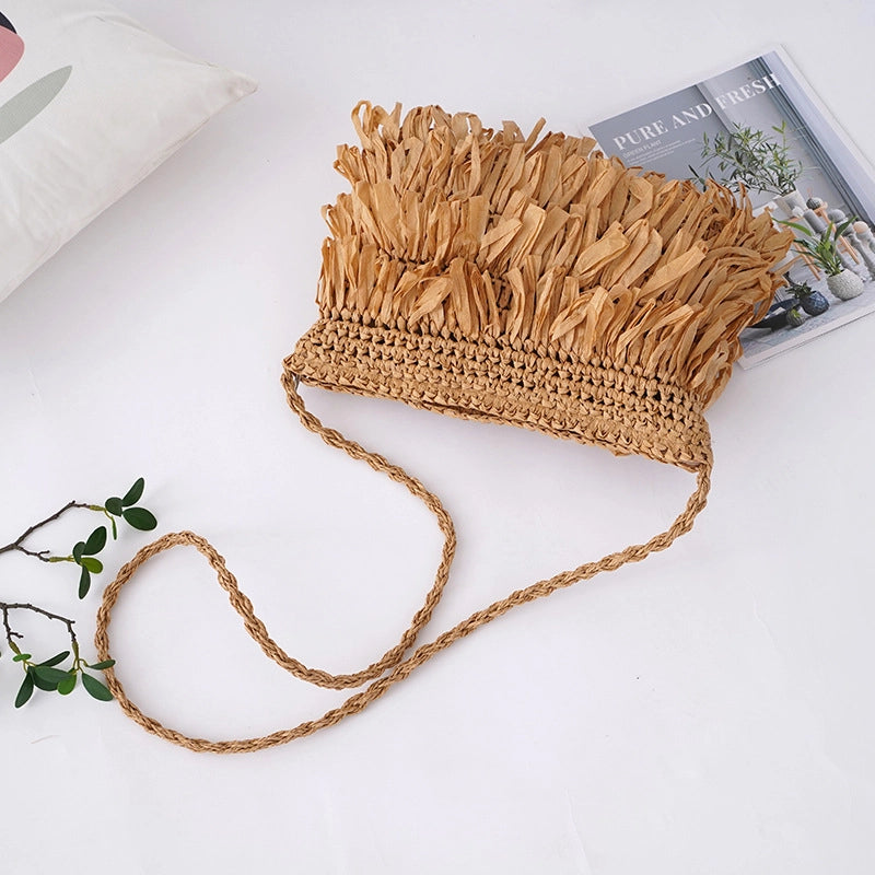 Women's Small Straw Solid Color Vacation Beach Weave Square Zipper Straw Bag
