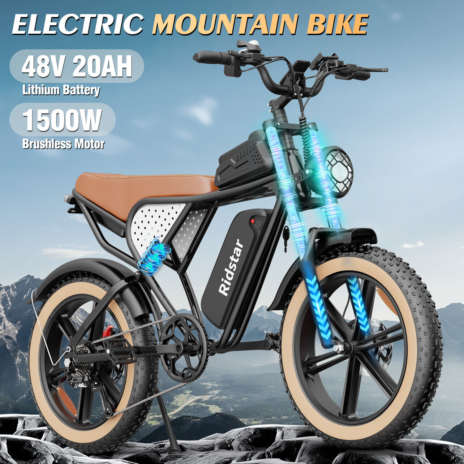 🔥Best Selling Electric Bikes-Ridstar 1500W 48V 20Ah Battery 20''Fat Tire Retro Mountain Electric Bike Adults