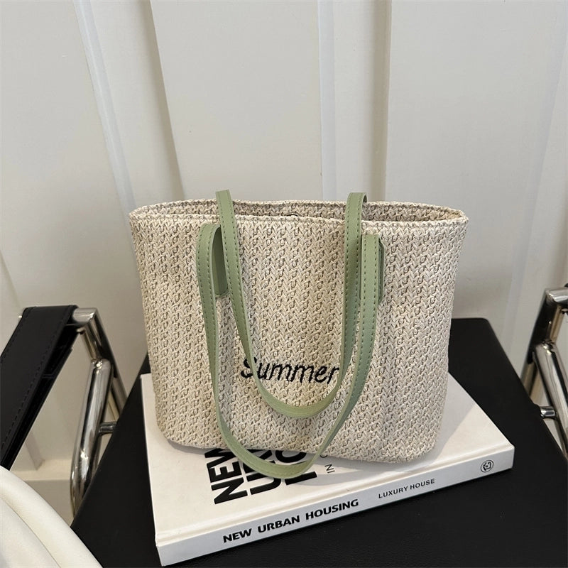 Women's Medium Straw Letter Vacation Beach Weave Zipper Straw Bag
