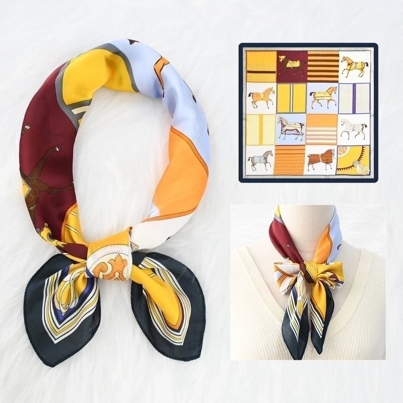 2 Pieces Women's Elegant Plaid Flower Horse Satin Silk Scarf