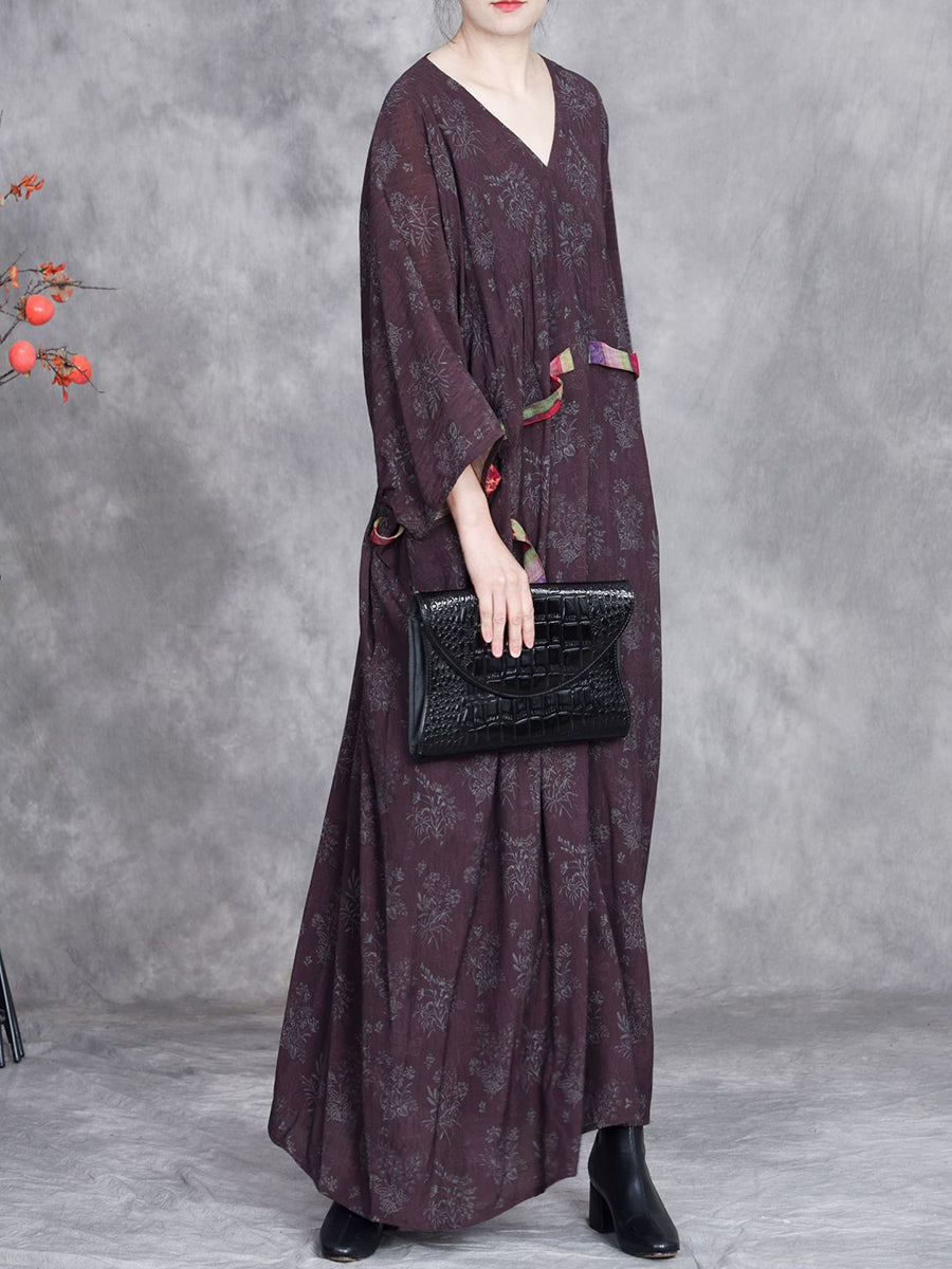 Women Spring Vintage Flower Strap V-Neck Dress
