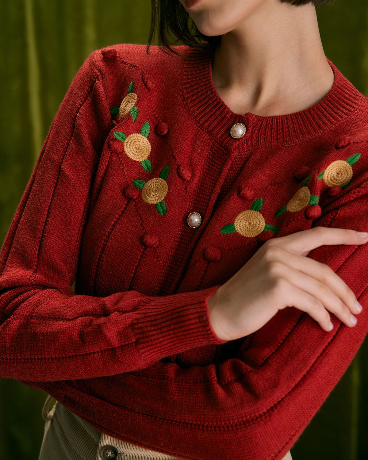 The Brick Red Floral Embroidered Cardigan