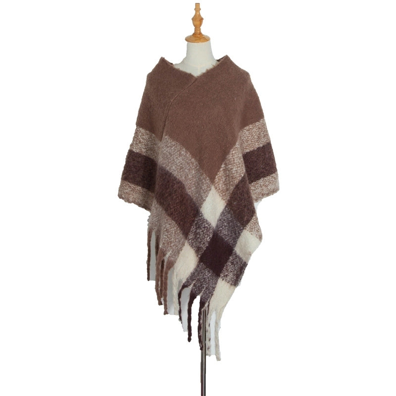 Hot Style New Autumn And Winter Women's Shawl Thick Tassel Loop Yarn Large Plaid Cloak