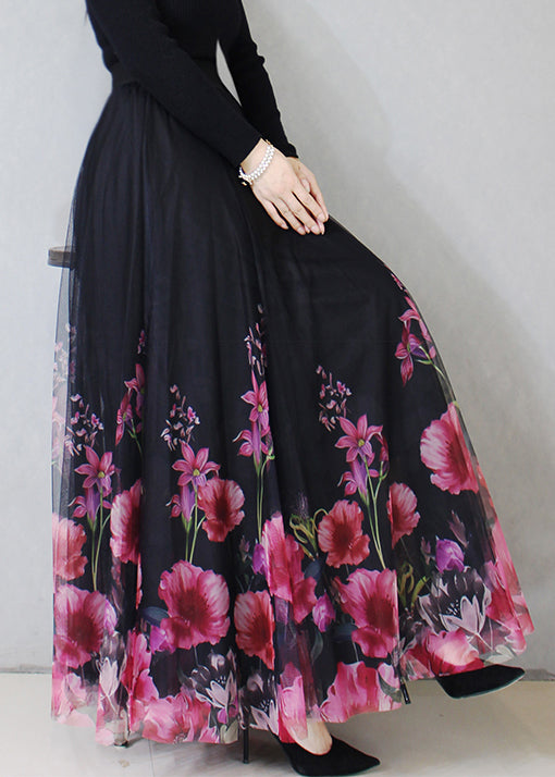 New Black Print High Waist Tulle Skirt Spring