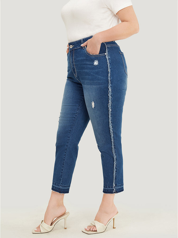 Very Stretchy High Rise Medium Wash Raw Trim Jeans