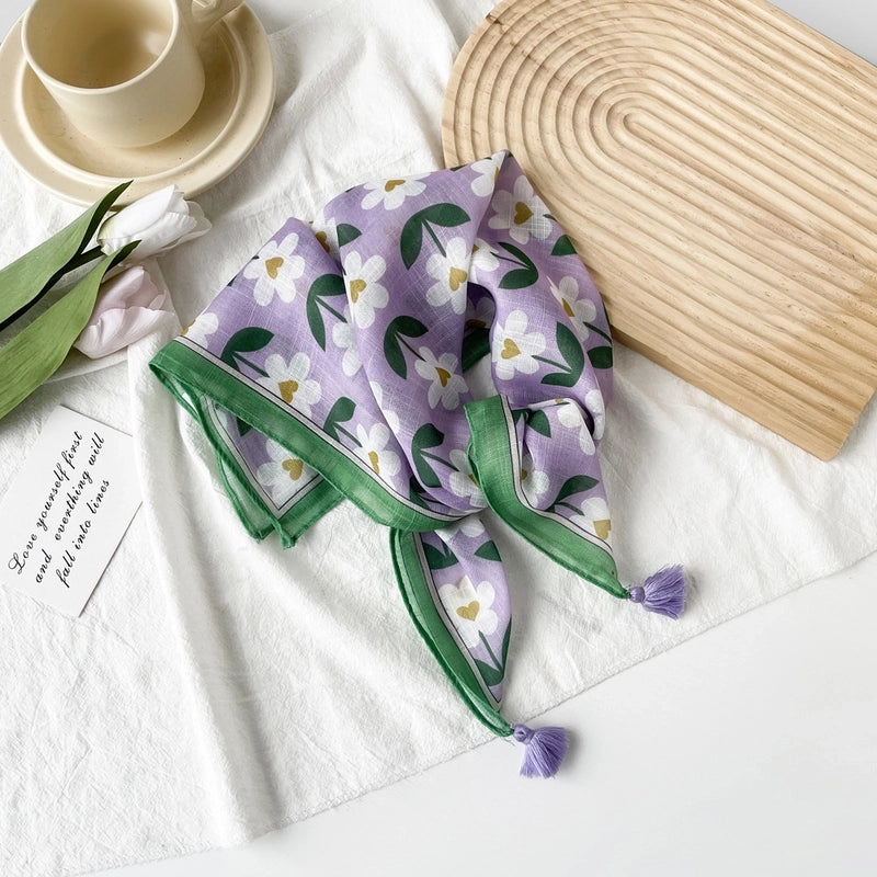 Women's Casual Minimalist Flower Cotton Printing Silk Scarf Kerchief
