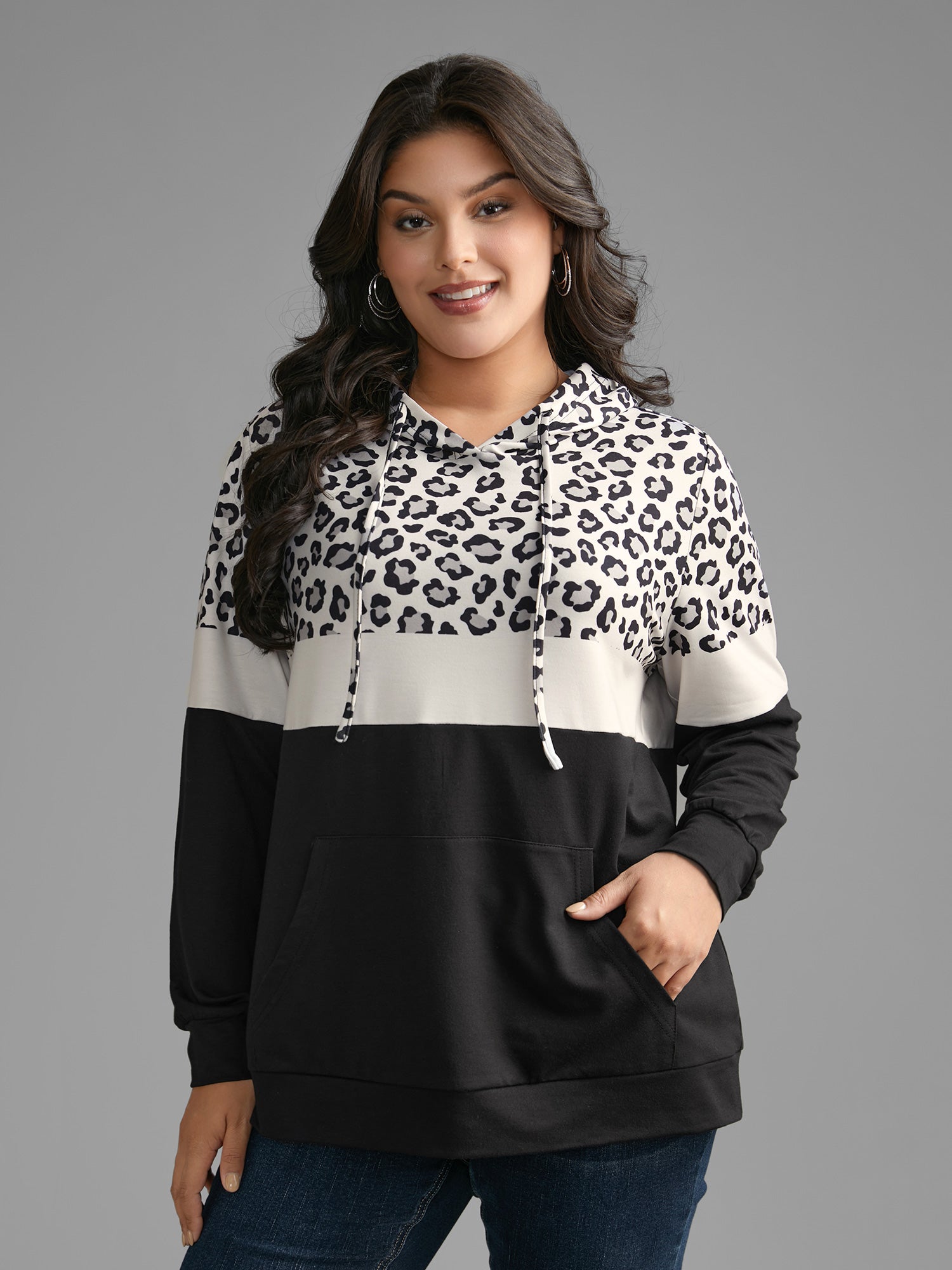 Leopard Print Patchwork Contrast Drawstring Sweatshirt