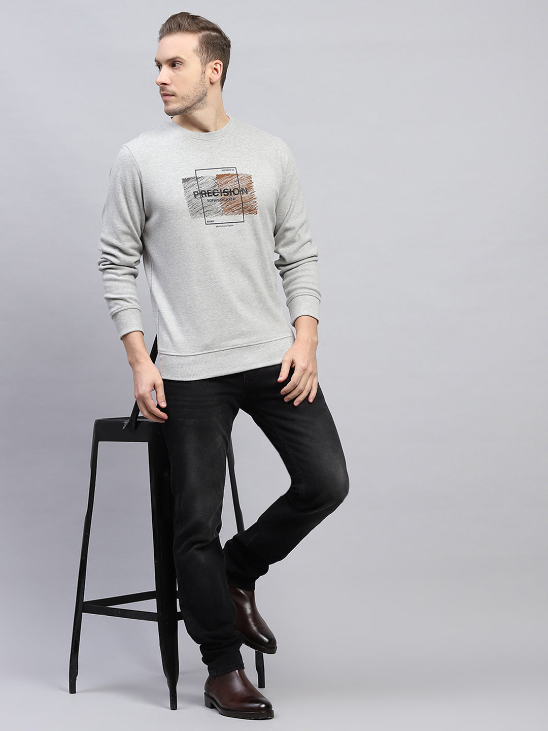 Men Grey Printed Round Neck Full Sleeve Sweatshirt