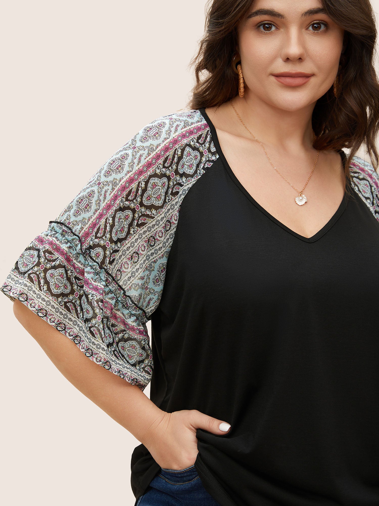 Boho Print Patchwork Raglan Sleeve T-shirt