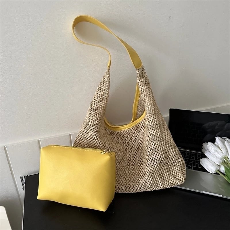 Women's Medium Pu Leather Straw Solid Color Vacation Beach Weave Square Magnetic Buckle Bag Sets Straw Bag