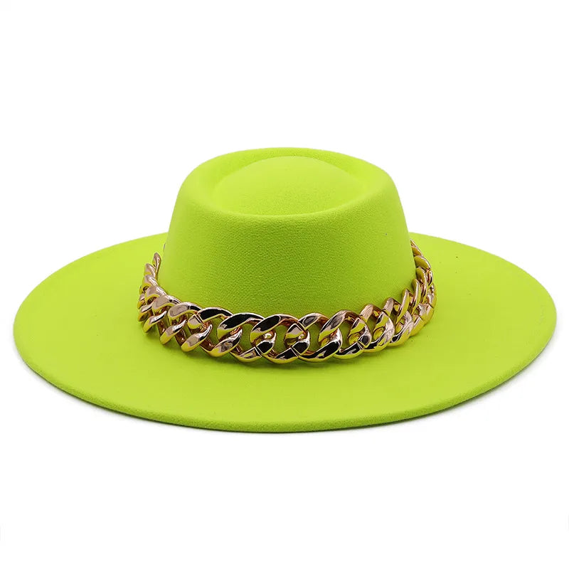 New Retro Ethnic Style 9.5 Brim Wool Woolen Felt Hat Concave Top Men's And Women's Top Hat Large Brim Thick Gold Chain Hat