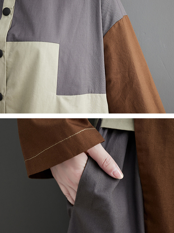 Vintage Loose Long Sleeves Contrast Color Polo Midi Dresses