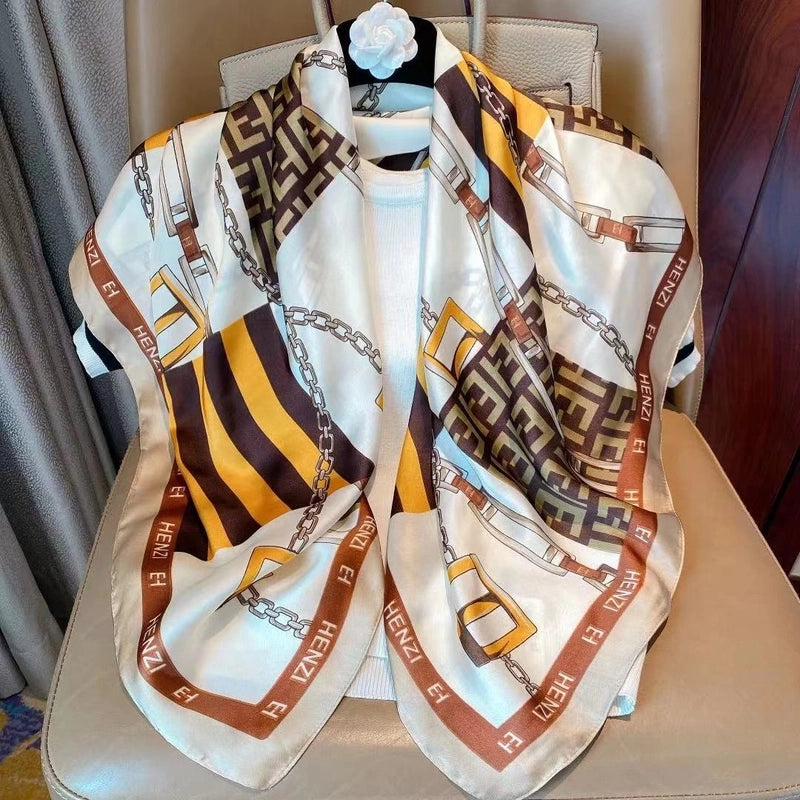 Women's IG Style Elegant Stripe Flower Chains Print Satin Printing Silk Scarf
