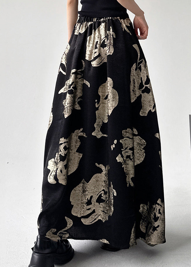 Chinese Style Black Print Elastic Waist A Line Skirts