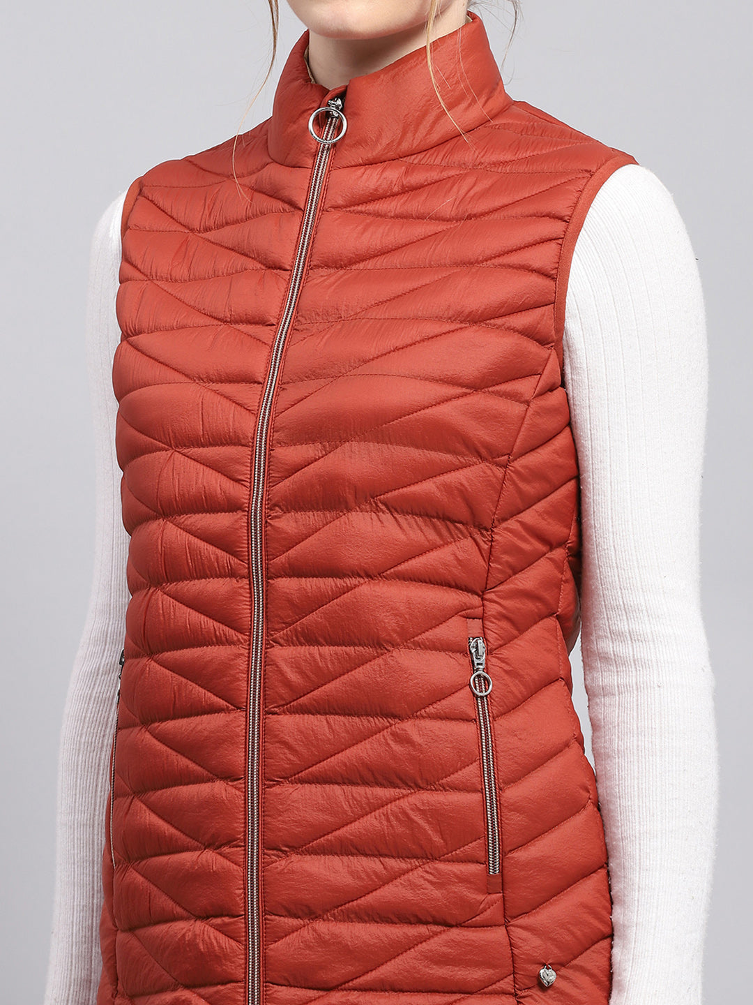 Women Rust Solid Mock Neck Sleeveless Jacket