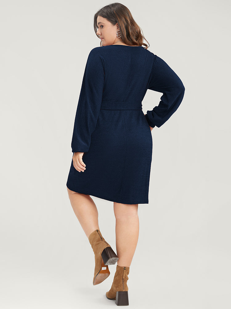 Solid Surplice Neck Belted Knit Dress