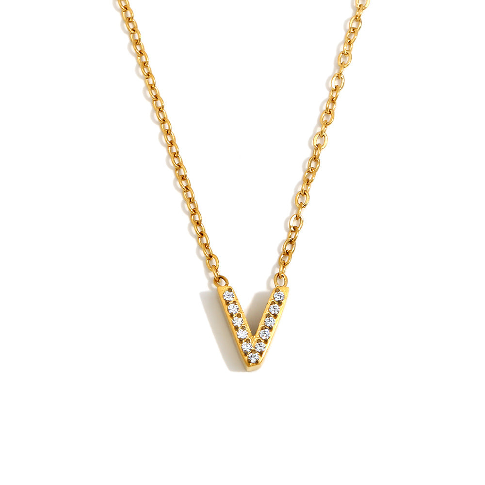 Fashionable And Simple 26 English Letter Pendant Stainless Steel Plated 18K Gold Diamond Small Letter Necklace For Women