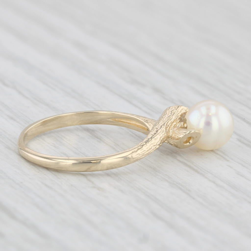 Cultured Pearl Solitaire Ring 10k Yellow Gold Size 6.25 Woodgrain Etched Band