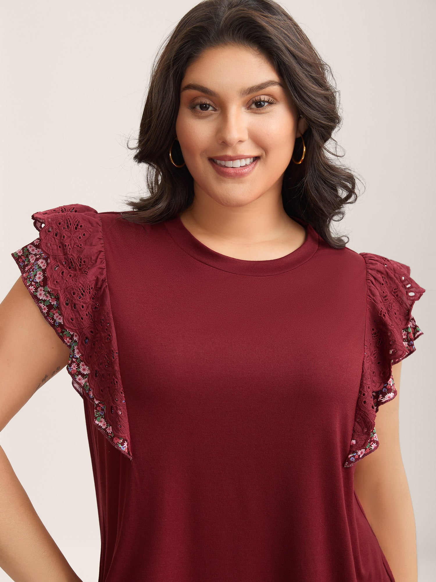 Eyelet Trim Flutter Sleeve Knit Top