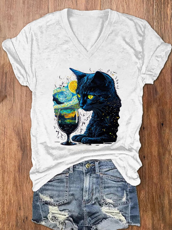 Women's Starry Night Black Cat Casual V-Neck Tee