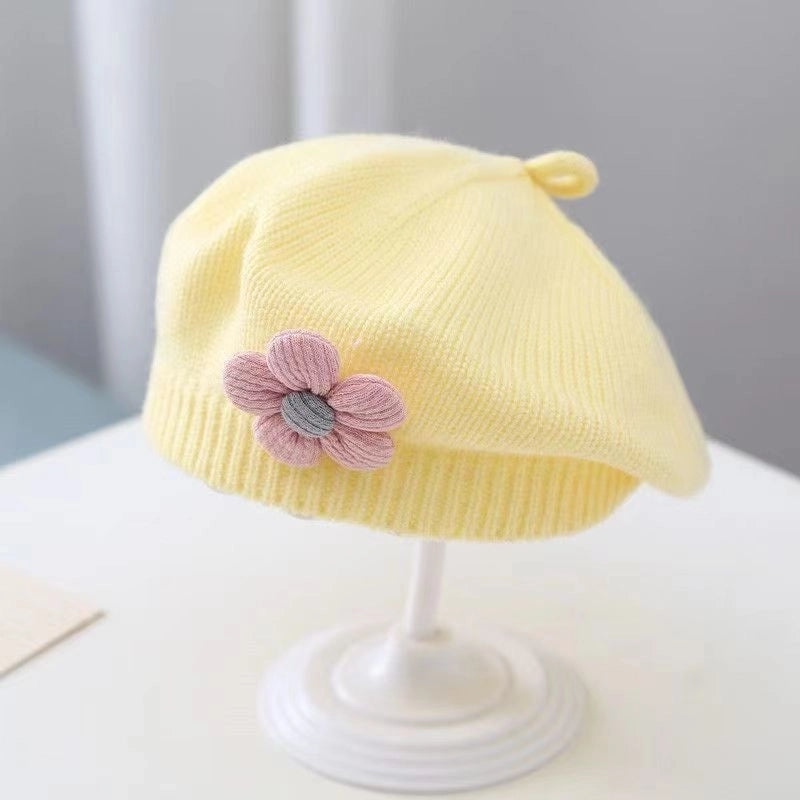 Baby Hat Autumn And Winter Baby Girls' Cute Flower Beret Children's Wool Hat Girls' Knitted Painter Hat Fashion