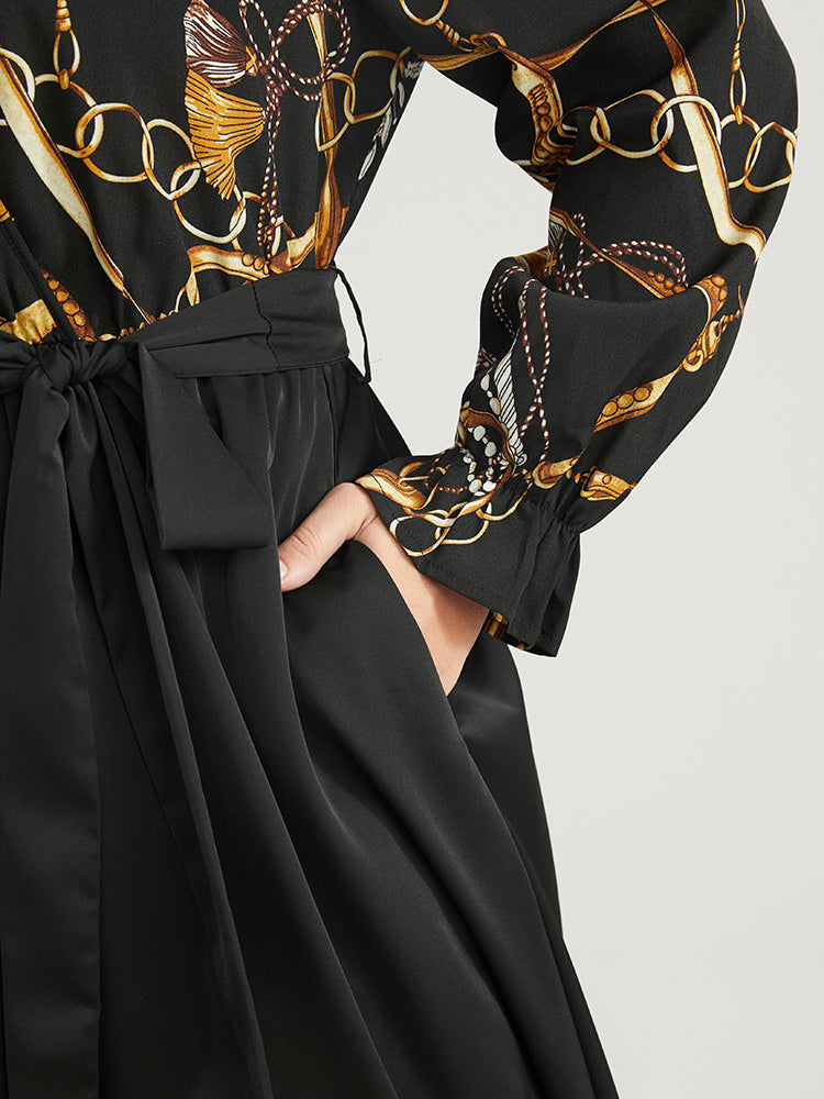 Chain Print V Neck Pocket Lantern Sleeve Belted Split Dress