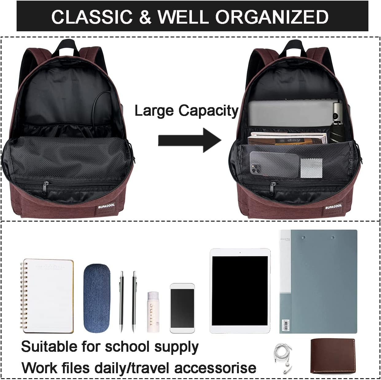 SUPACOOL Casual Laptop Backpack for Men and Women, School Backpack for Boys and Girls, College Bookbag, USB Charging Port, Lightweight Back Pack(Black)