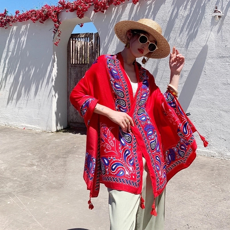 Ethnic Style Shawl Scarf Dual-use Sun Protection By The Sea Beach Scarf Red Large Gauze Scarf Female Desert Travel Photography Summer