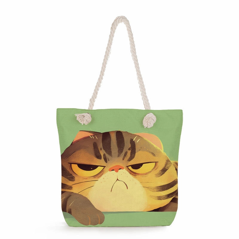 Women's Medium Linen Cat Cute Square Zipper Tote Bag Beach Bag