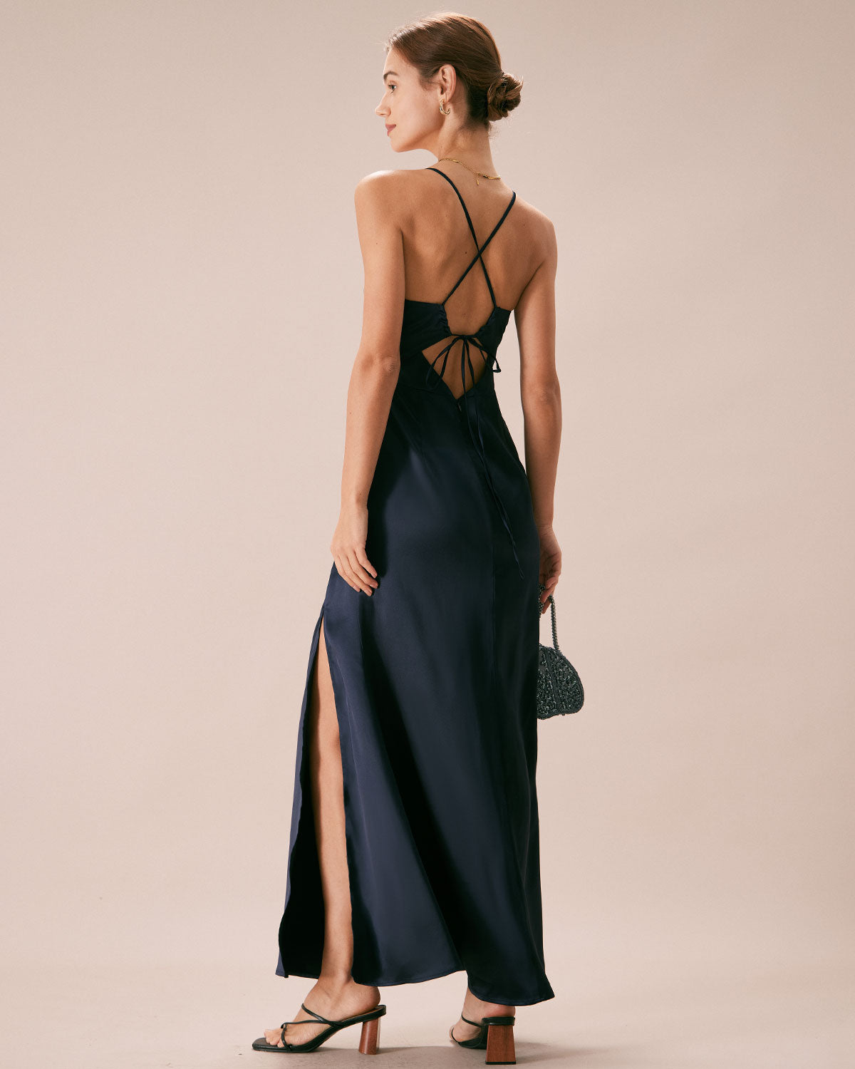 The Navy V-Neck Ruched Satin Sling Maxi Dress