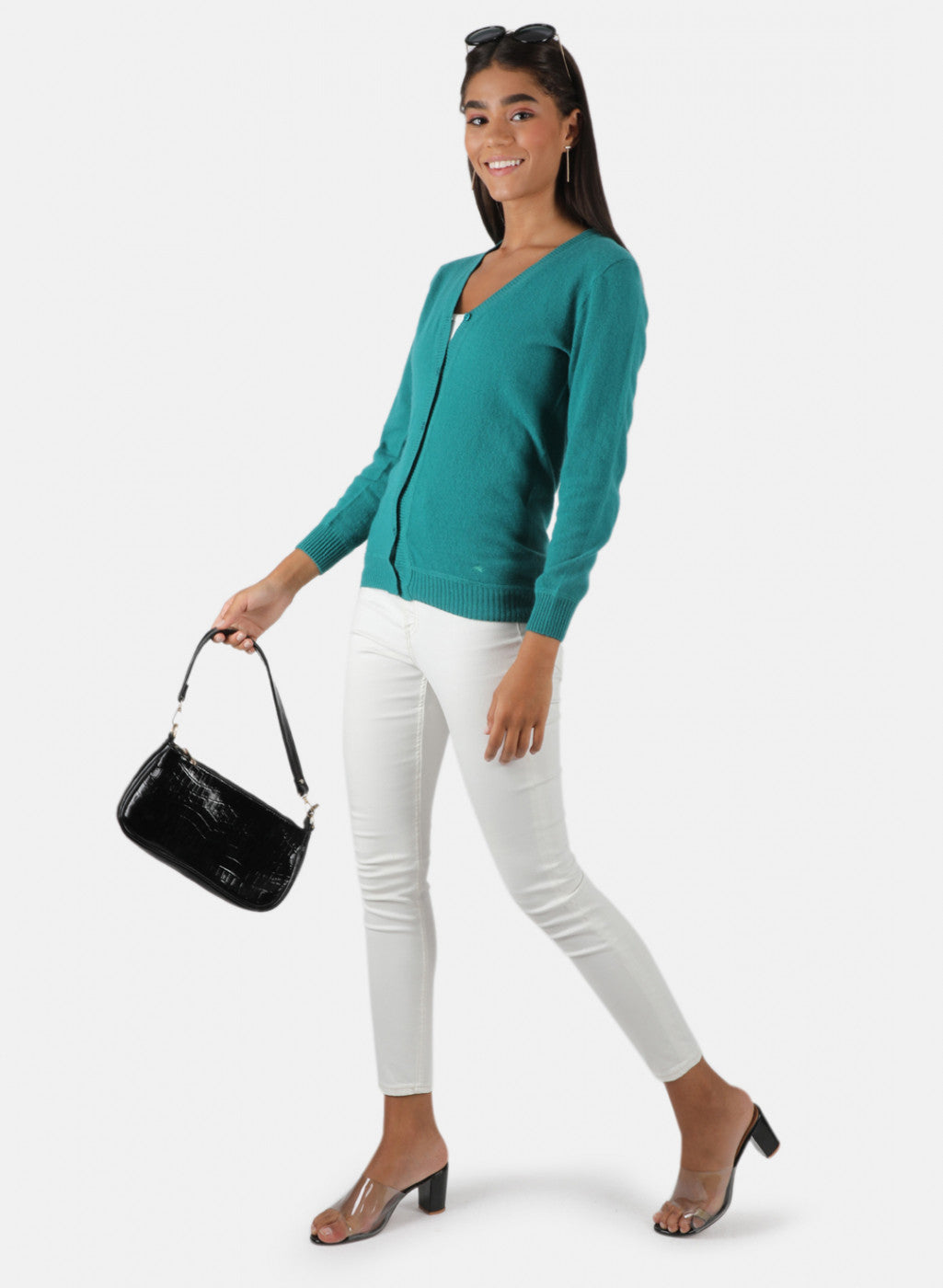 Women Sea Green Solid Cardigan